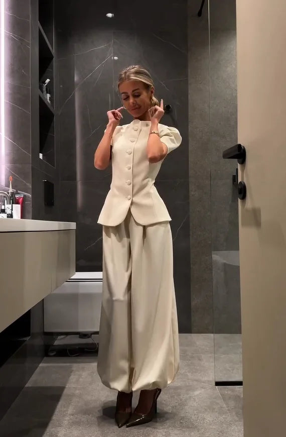 Women's Frog Button Puff Sleeve Shirt Trousers Set O-neck Leg-binding Lantern Pants Suits Lady 2026 Spring Summer Female Outfits