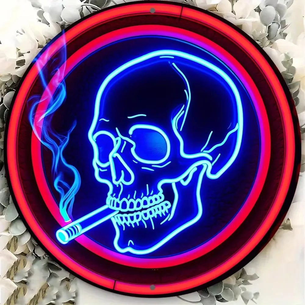 Stand out  Aluminum Neon Skull Sign. Round, Cigarette Wreath.Ideal Wall Art for Kitchen, Office, Garden. Great for Festive Decor