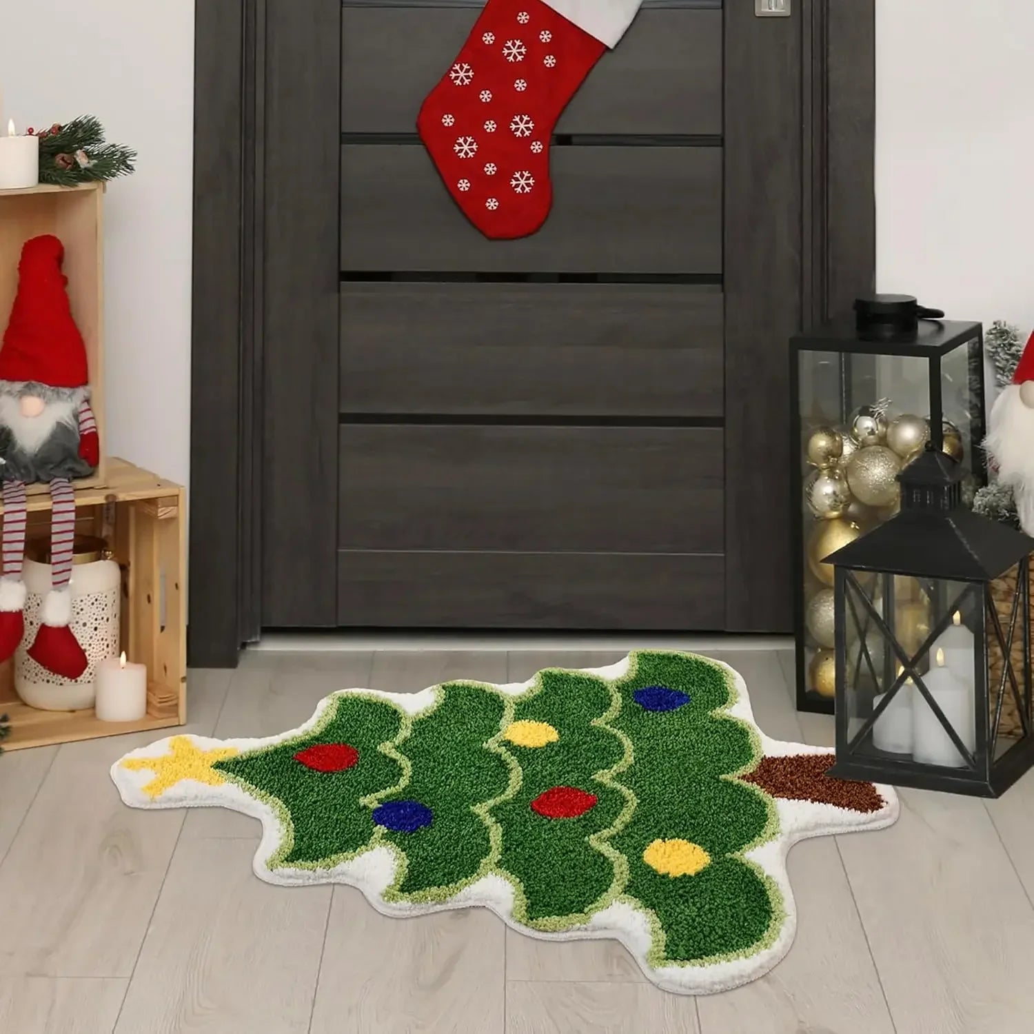 VIKAMA Cartoon Christmas Tree Wool-like Carpet Soft Anti-slip Floor Mat Entry Door Mat Festival Atmosphere Home Decoration