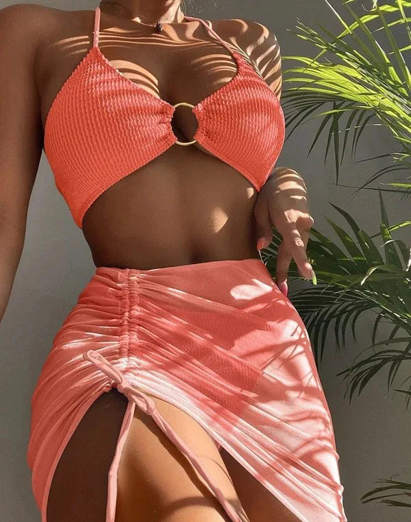 New High Elastic Bikini Set for 2025 Summer Three-piece Solid Color Lace-up Sexy Women Swimsuit Beach Bathing Suit Swimwear