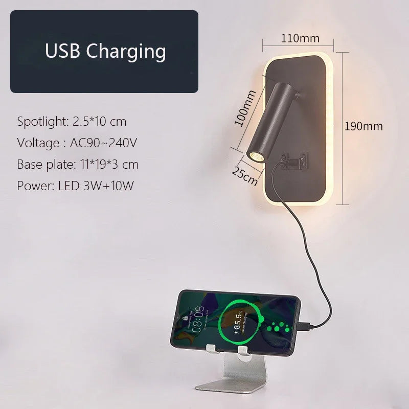 Modern Minimalist Led Wall Lamp USB Charging Indoor Bedroom Lamp Hotel Bedside Reading Lamp Wall Lights Sconce Switch AC 90~240V
