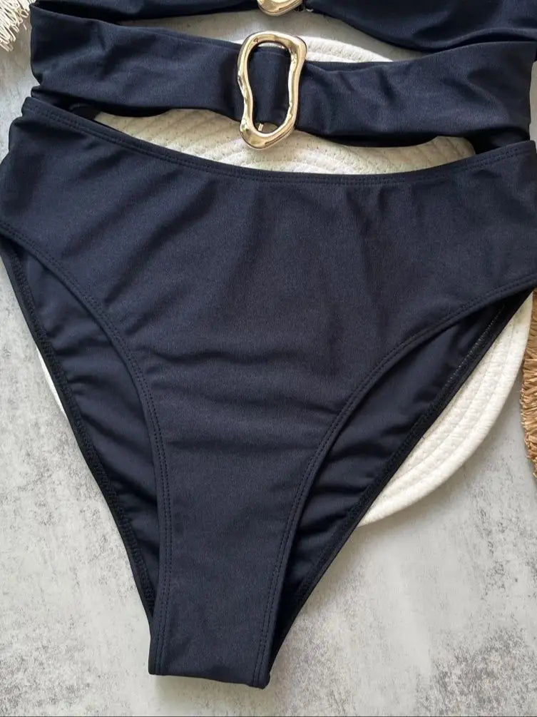 3 Colors Sexy Metal Rings Cut Out Women Swimwear One Piece Swimsuit Female Bandeau High Leg Cut Bather Bathing Suit Swim B022D