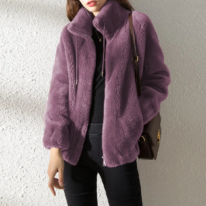 Women Autumn Winter Faux Fur Coats Zipper Cardigan Plush Thick Warm Coat Loose Oversized Outerwear Female Coral Fleece Overcoat