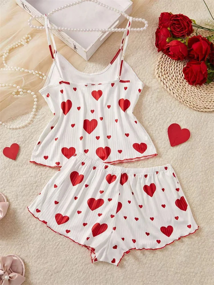 5 Size Choose S M L XL 2XL Women's Pajamas Set Straps Sleepwear Vest + Shorts Red Heart Print Nightwear Sexy Lingerie