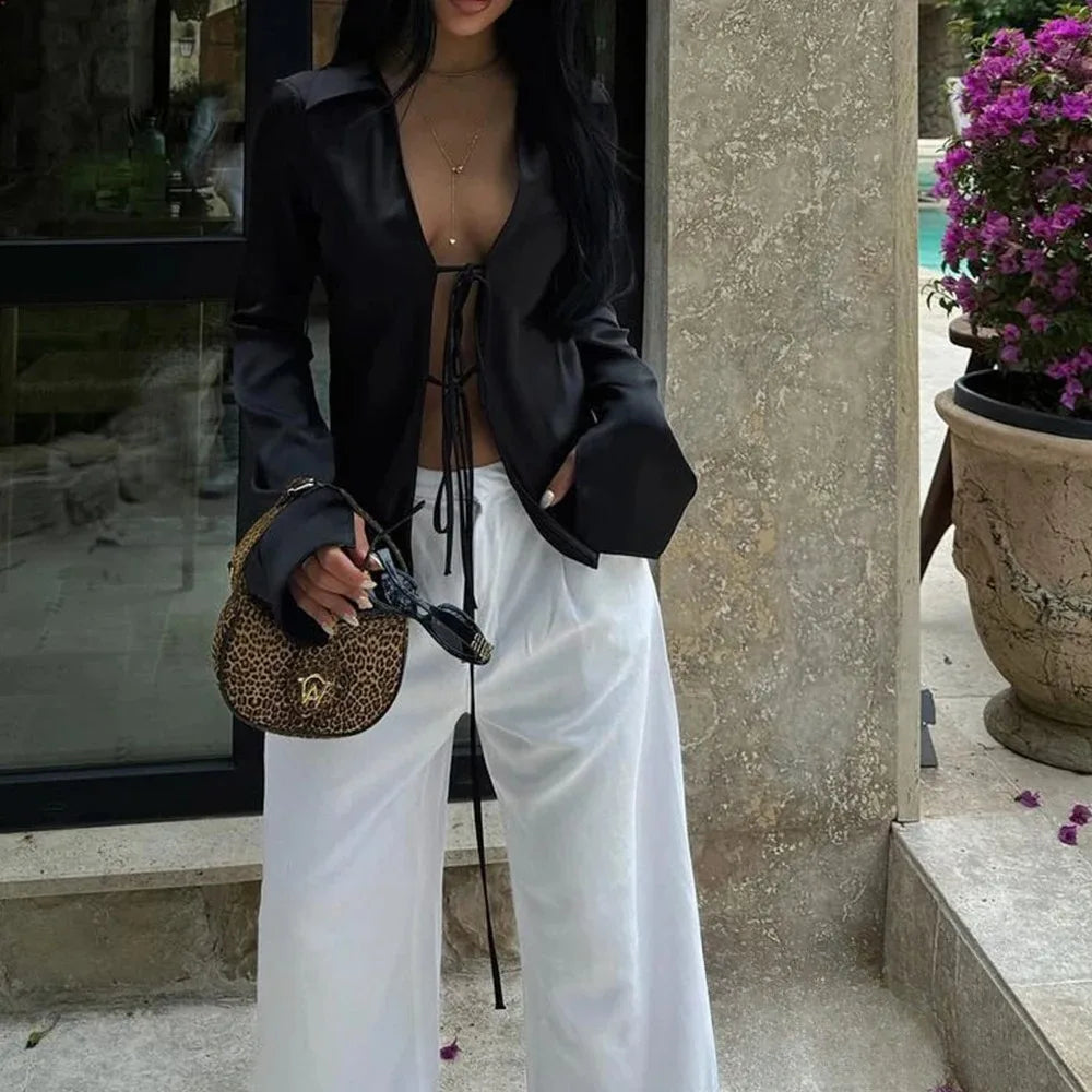 KONDALA Sexy Black Satin Bow Tie Shirts Women Long Sleeve V Neck Slim Blouses Fashion 2025 Autumn Elegant Silky Tops