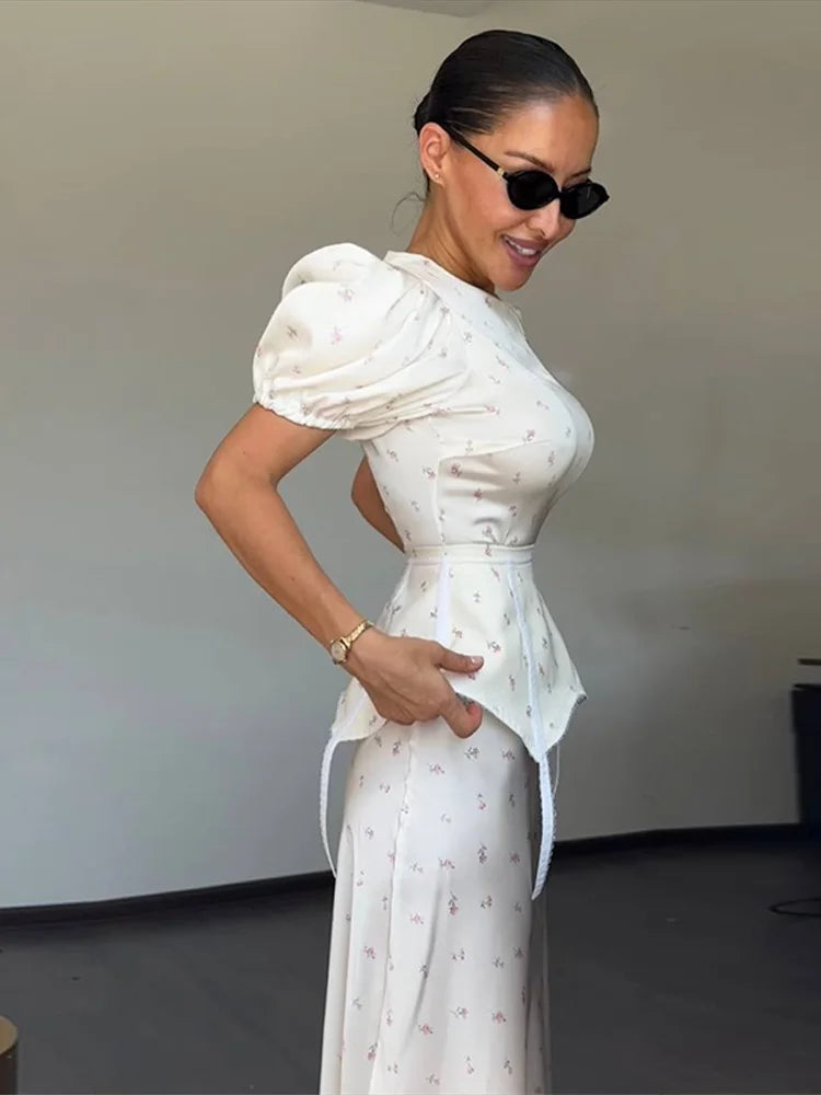 Women's White Floral Print Puff Sleeve Dress With Waistband Fashion Satin Ruffled Hem Maxi Dress Lady 2026 Elegant Party Robes