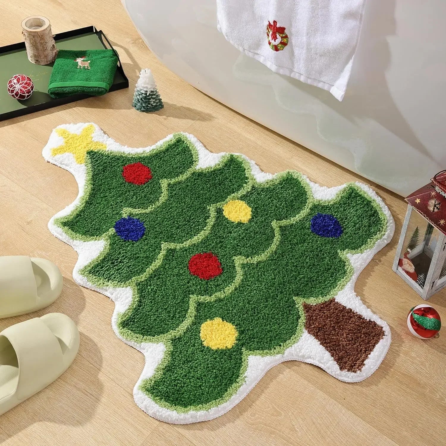 VIKAMA Cartoon Christmas Tree Wool-like Carpet Soft Anti-slip Floor Mat Entry Door Mat Festival Atmosphere Home Decoration