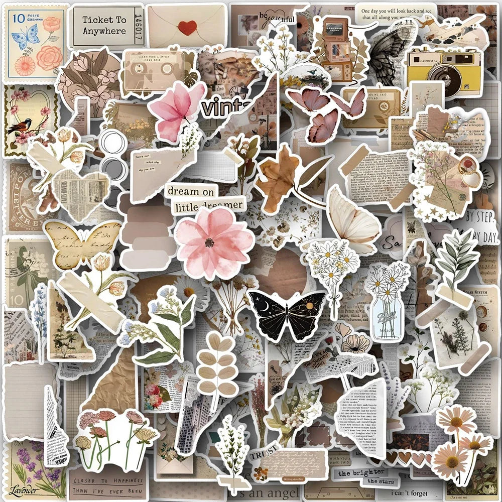10/30/60/120PCS Retro Art Flower Butterfly Aesthetic Stickers Vintage Decal Laptop Phone Luggage Scrapbook Car Graffiti Sticker