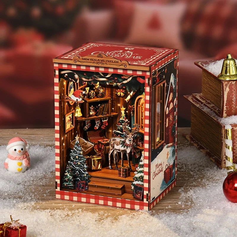 New Snow Globe DIY Miniature Book Nook - 3D Puzzle House Architecture Model Kit, Christmas & Black Friday Bookend Craft Gift