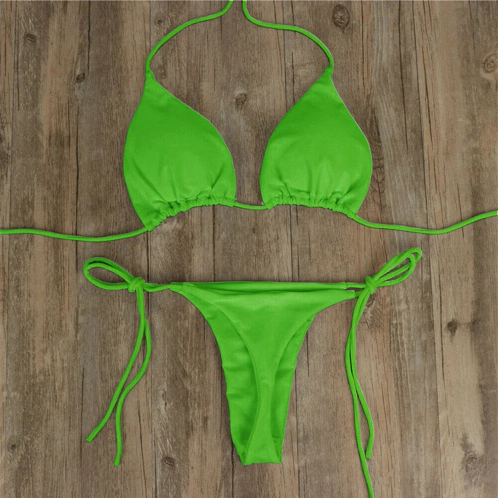 Women Tie Sexy Thong Bikini Set Side Swimsuit Bandage Style Brazilian Swimwear Split Strap Adjustable Solid Female Swimsuit Set