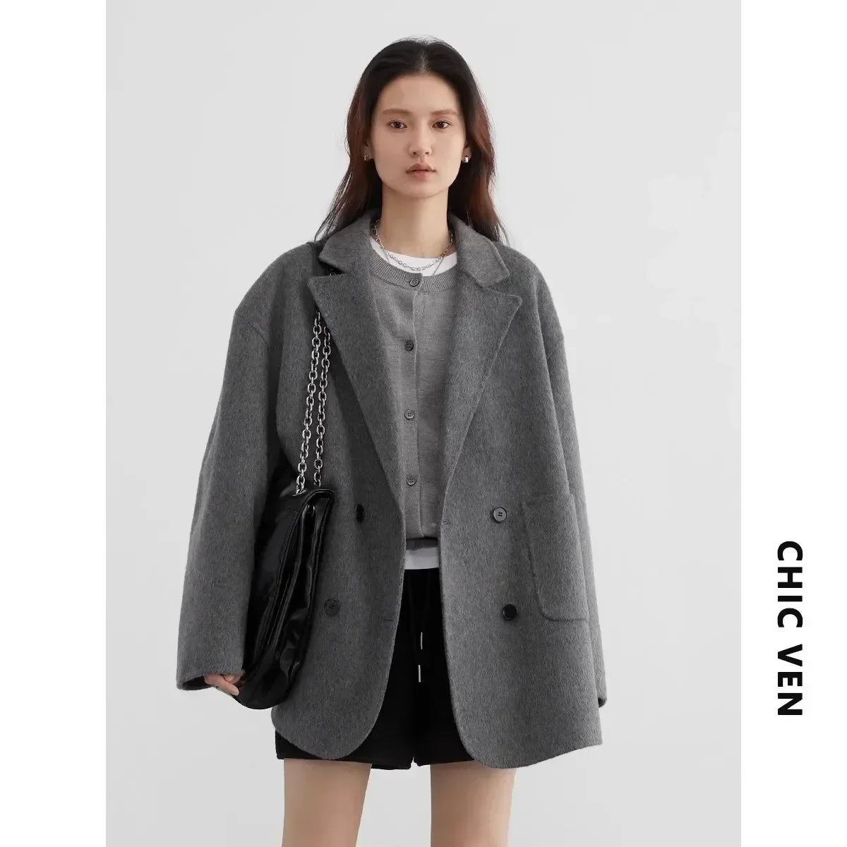 CHIC VEN Women's Woolen Coats Loose Casual Double Breasted Retro Double-sided Jacket Office Lady Outerwear Autumn Winter 2026