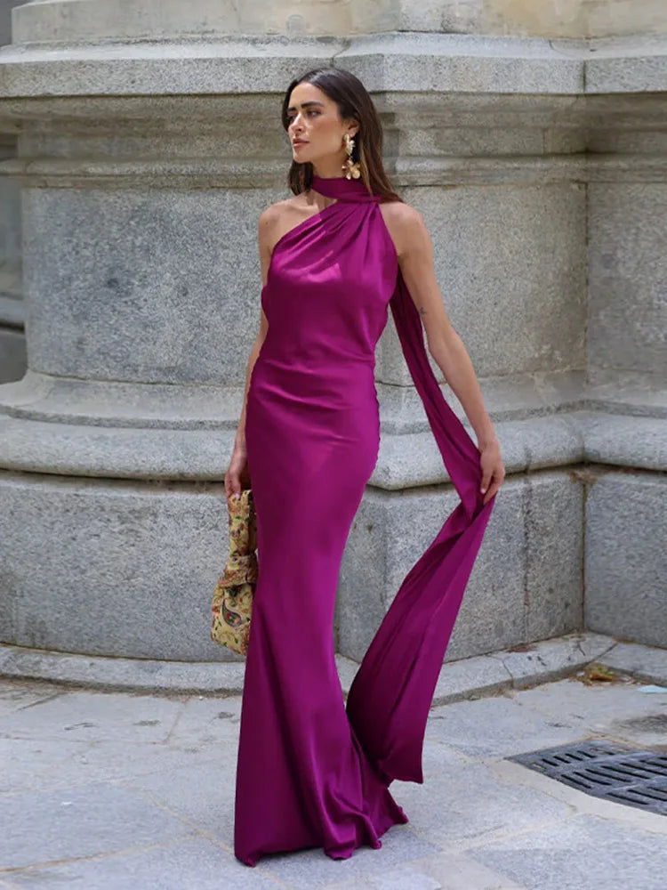 Elegant Women's Ribbon Long Satin Party Dress Halter Backless Sleeveless Female Dresses 2026 Summer Lady Solid Evening Gowns