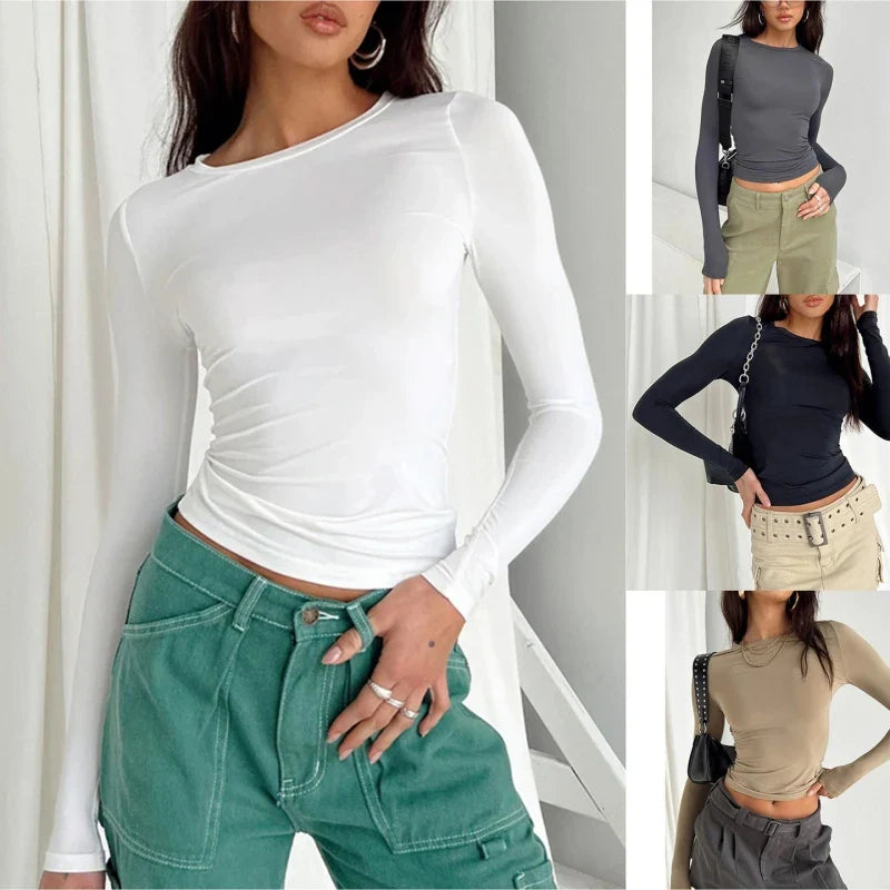 Y2k Long Sleeve T Shirt Women Spring Autumn Crop Top Casual Slim Fit Pullovers Solid O Neck T-shirts Streetwear Female Basic Tee