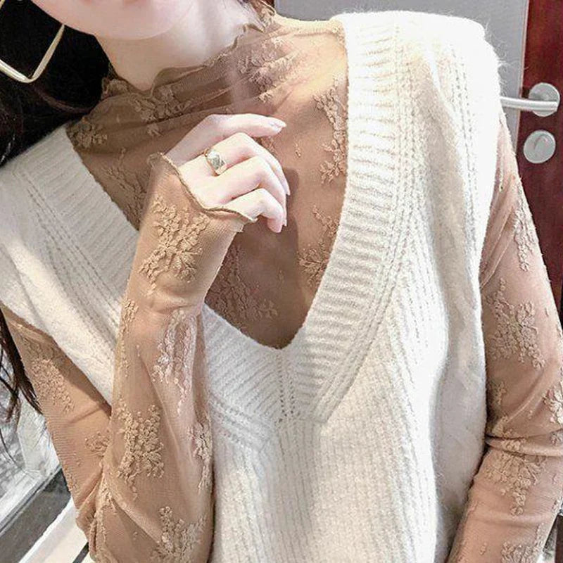 Sexy Women Mesh T-Shirts Transparent Lace Blouse Long Sleeve See Through Tops For Women Bottoming Shirt Sheer Tees Body Crop Top