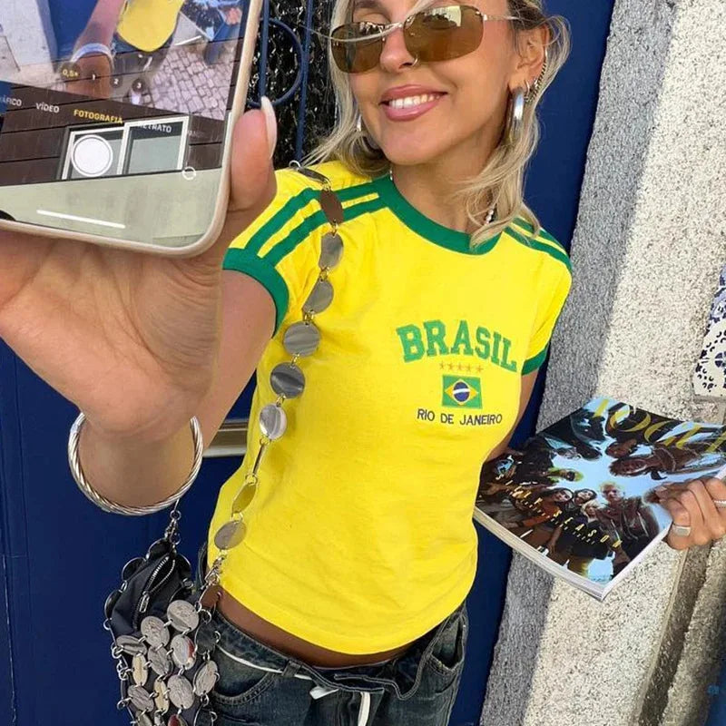 Womens Aesthetic BRASIL Letter Print T-Shirt and Shorts Suit, Vintage Grunge  Short Sleeve Baby Tees, Summer Crop Top Y2k Clothe