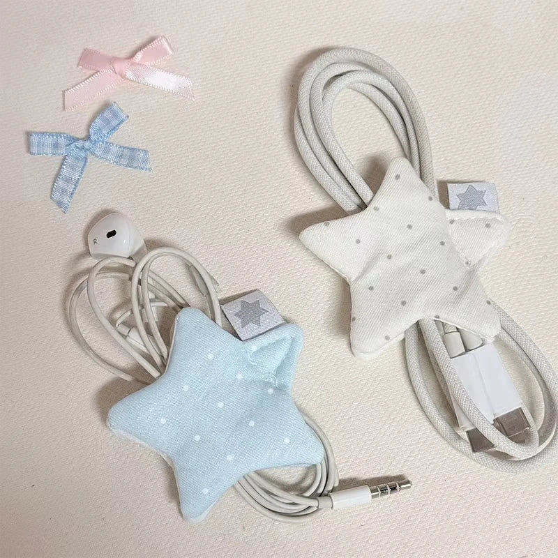 Y2k Japanese Earphone Decoration Accessories Handmade Fabric Star Wave Point Earphone Storage Bag Data Cable Organizer