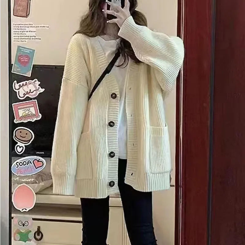 Korean version V-collar lazy wind cardigan Japanese department simple sweater female spring and autumn winter casual loose knit