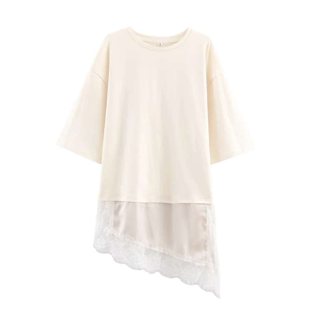 2025 Winter New Product Women's Slim Straight Round Neck Short Sleeve Asymmetric Hemp Splicing Lace T-shirt