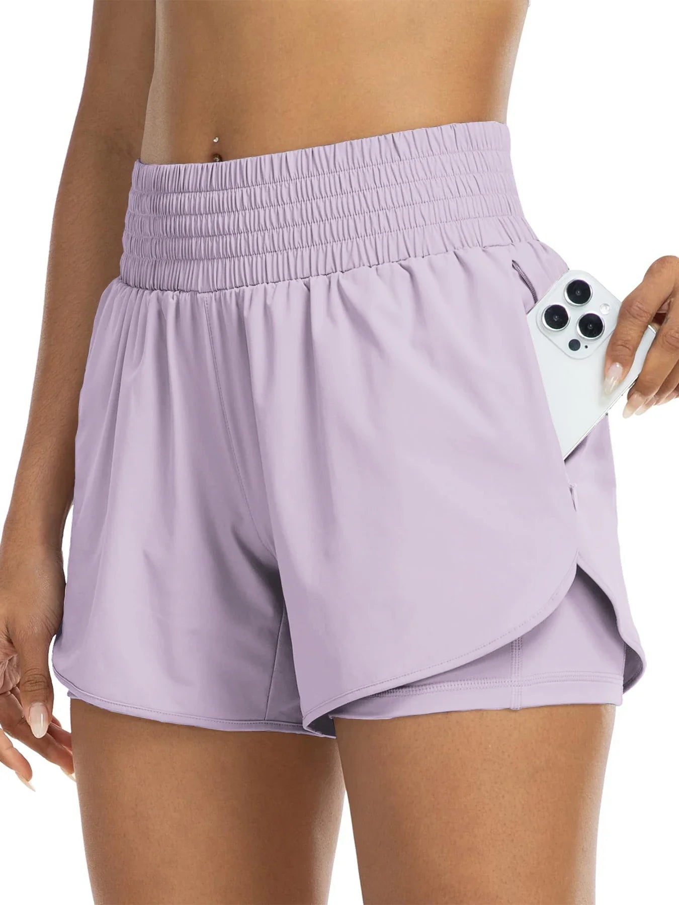 Women's high-waisted athletic shorts for running, yoga, layered design, anti-exposure, fitness, and workout with pockets