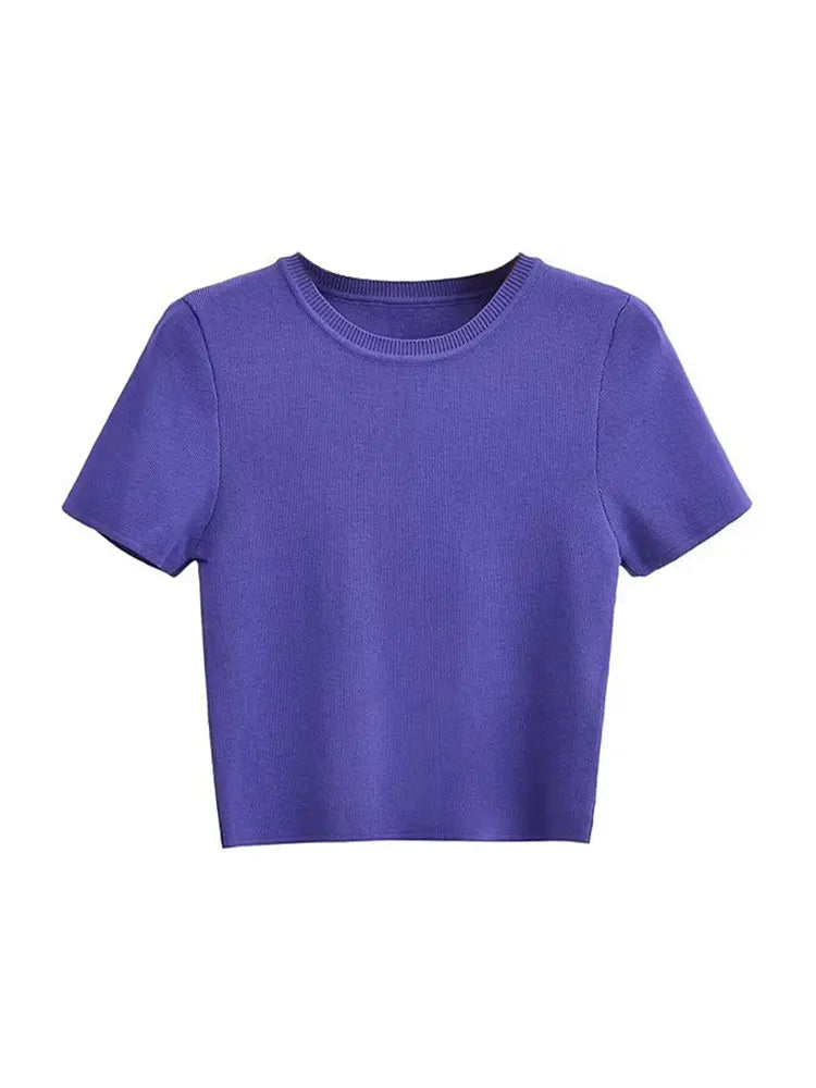 Women Fashion Striped Basic Cropped Knit Sweater Vintage O Neck Short Sleeve Female Pullovers Chic Tops