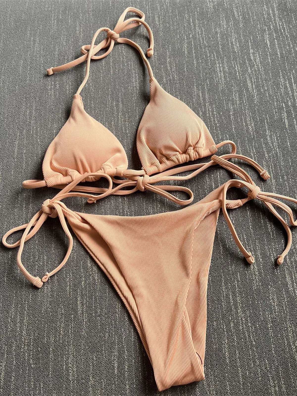 Sexy Brown Bikini 2026 Women Solid Red Halter Push Up Bra Tie Side Triangle Swimsuit Summer Bathing Suit Lace Up Micro Swimwear