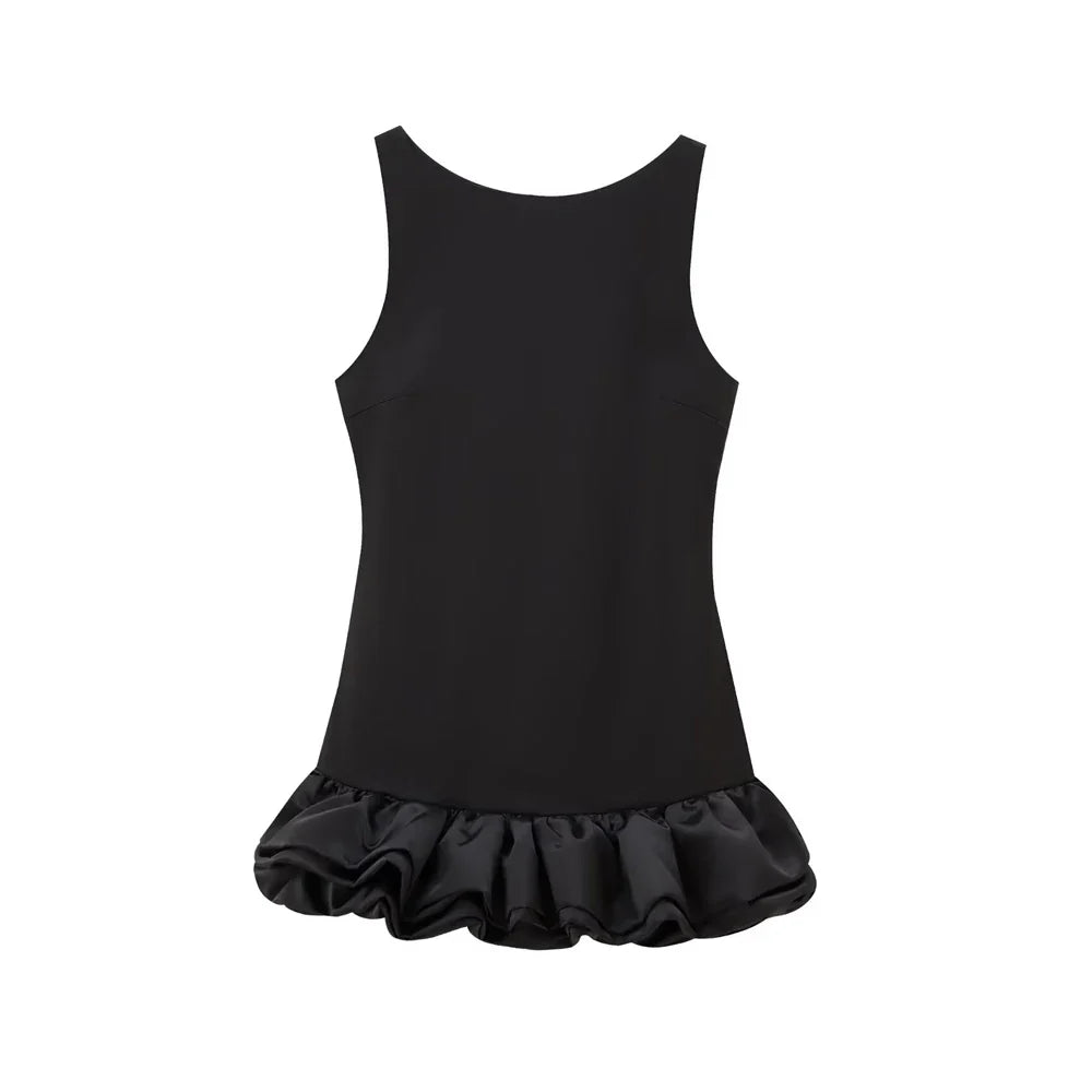 Women's Patchwork Voluminous Mini Dress, O-Neck, Backless With Zipper, Female Dresses, Sexy Fashion