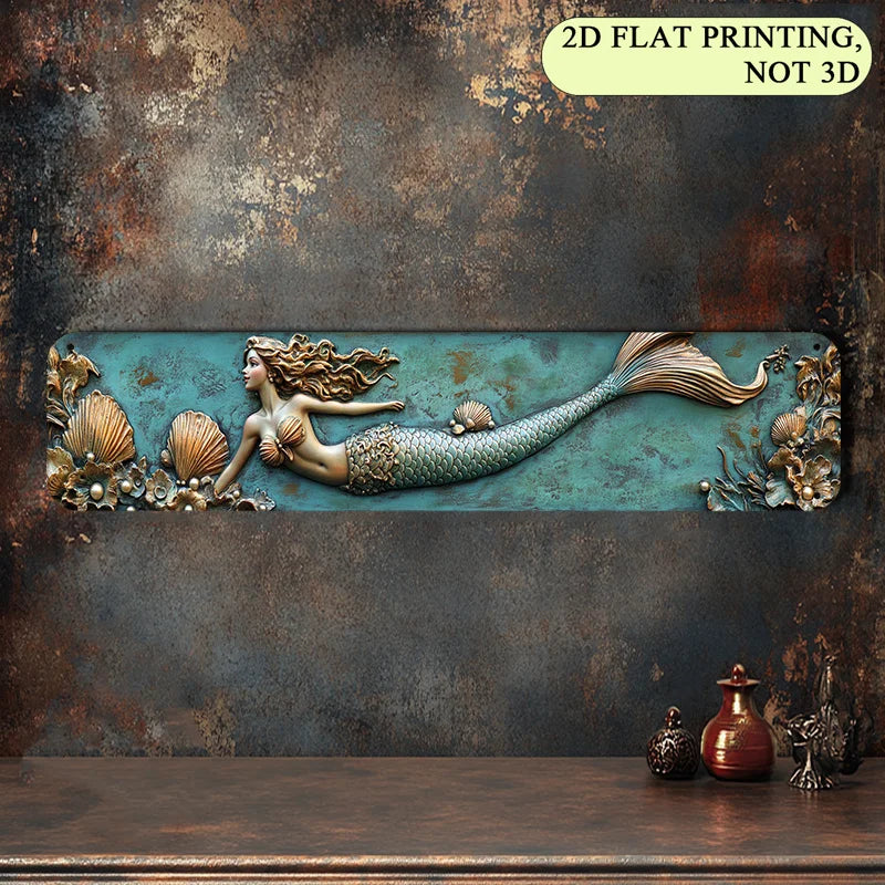 2D Flat, 1pc 4x16 Inch Aluminum Wall Art Sign - Enchanting Mermaid with Sea Jewels, Turquoise & Golden Coastal Decor for Bedroom