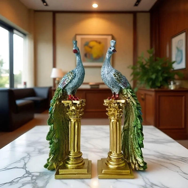 A pair of exquisite peacock ornaments standing on Roman columns add an artistic touch to the home.