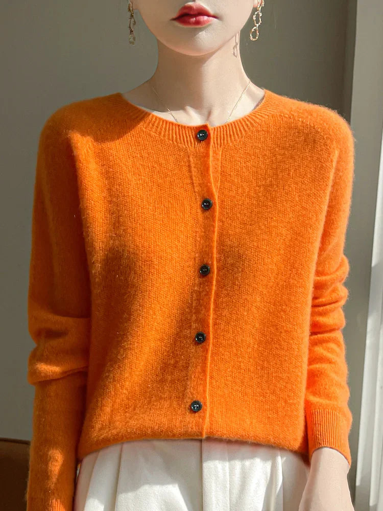 Women 100% Merino Wool Cardigan Soft O-Neck Cashmere Sweater OL Buttoned Knitwear Casual Top Clothing Korean Style