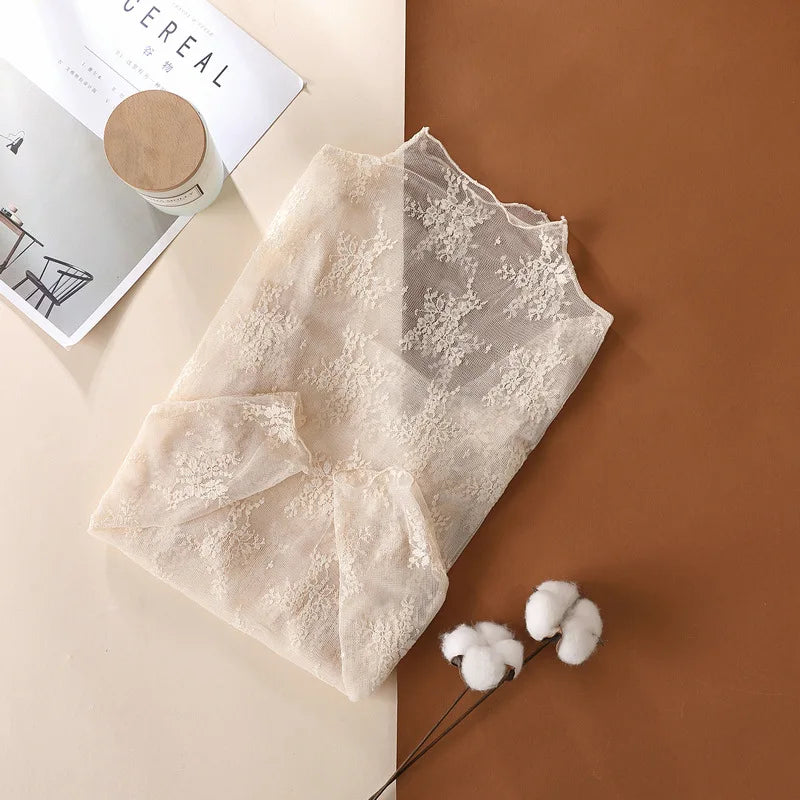 Sexy Women Mesh T-Shirts Transparent Lace Blouse Long Sleeve See Through Tops For Women Bottoming Shirt Sheer Tees Body Crop Top