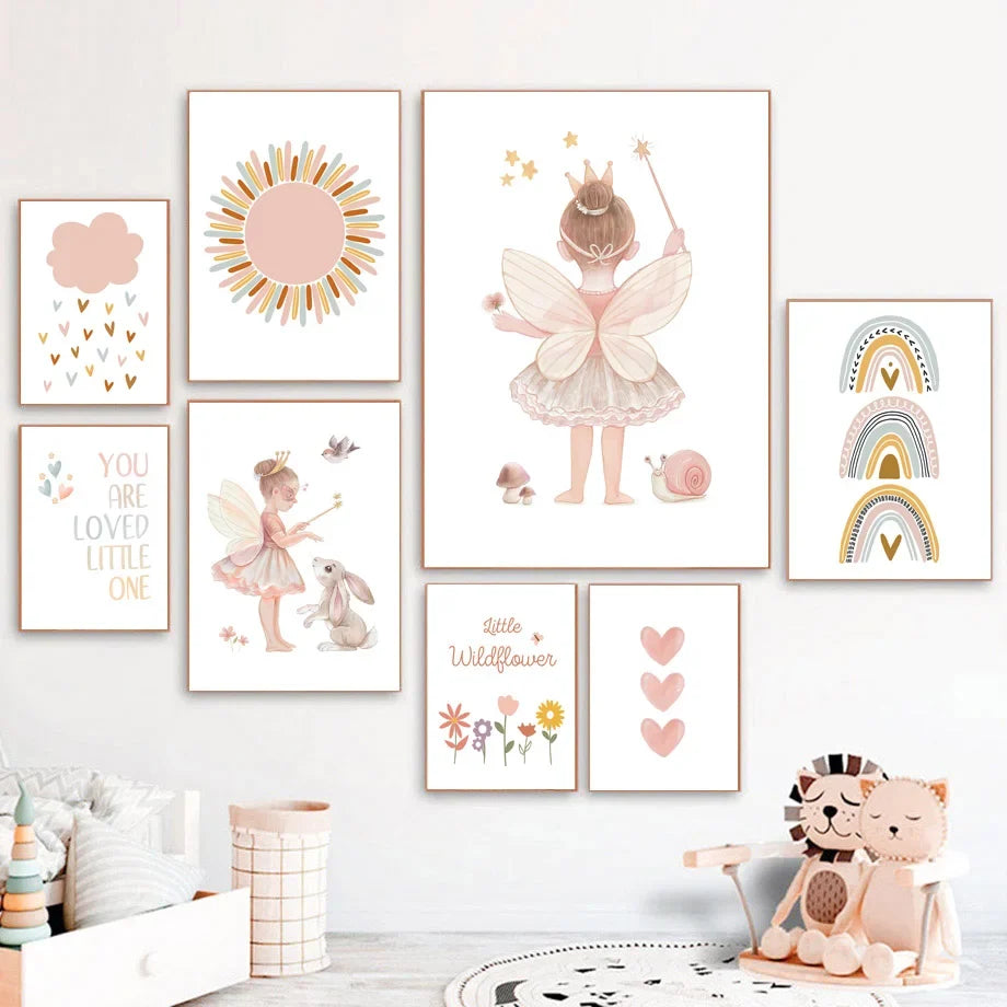 Kawaii Angel Girls Rabbit Sun Rainbow Cloud Cartoon Children Posters Canvas Painting Wall Art Print Picture Baby Kids Room Decor