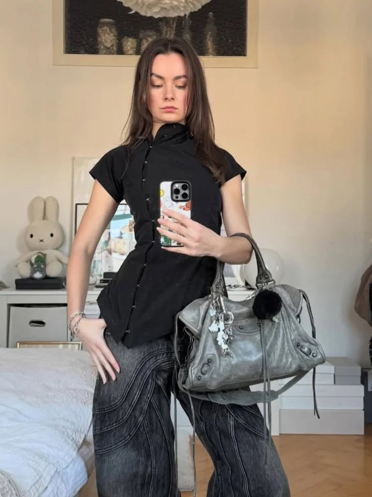 Women Vintage Black Irregular Buttons Top Fashion Solid Lapel Short Sleeve Slim Cropped Blouse 2026 Lady Daily Street Y2k Tops
