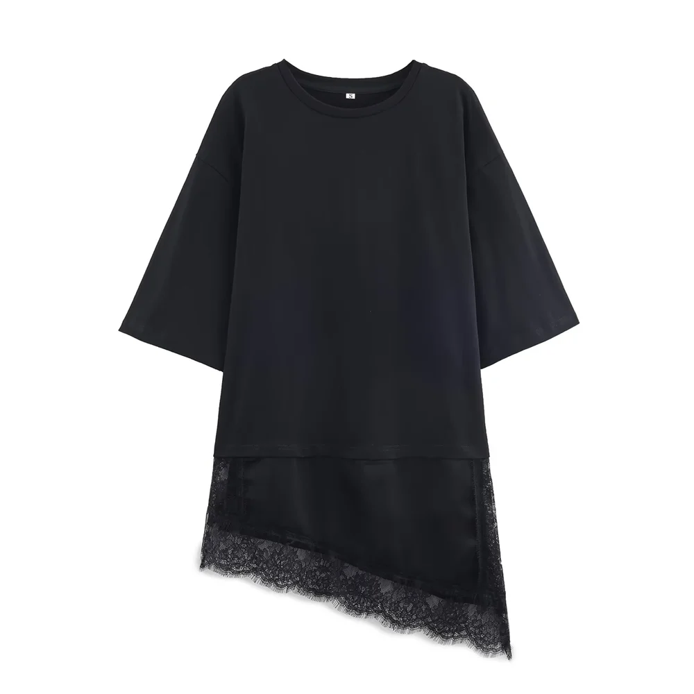 2025 Winter New Product Women's Slim Straight Round Neck Short Sleeve Asymmetric Hemp Splicing Lace T-shirt