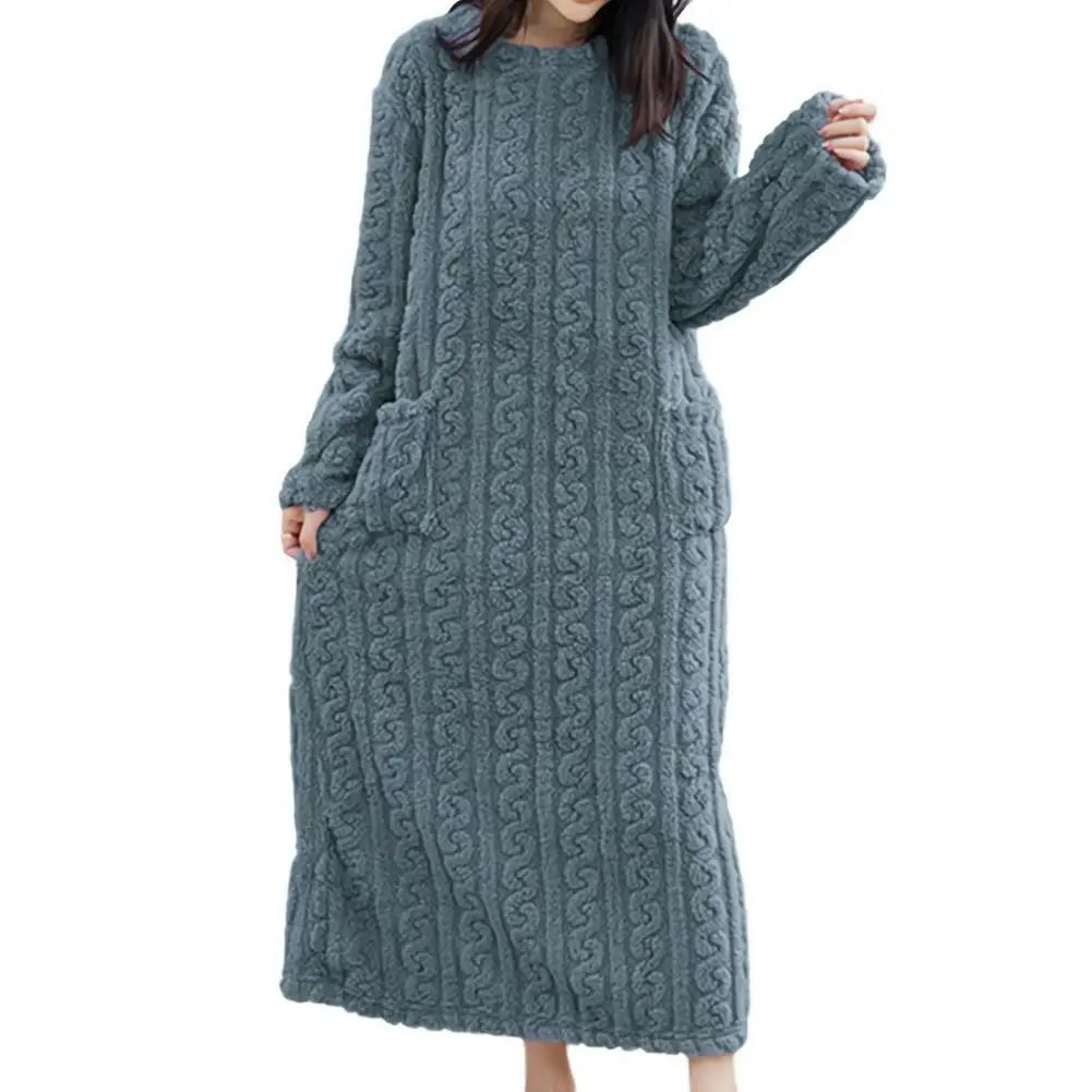 Coral Velvet Women's Nightgown Autumn And Winter Long Sleeve Double Pocket Flannel Nightgowns Women Loose Solid Sleepwear