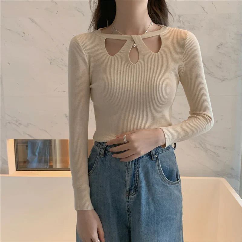 2024 New Autumn and Winter Women's Slim Stretch Sexy Pullover Hollow Solid Color Sweater Slim Bottoming Shirt Sweater Ladies