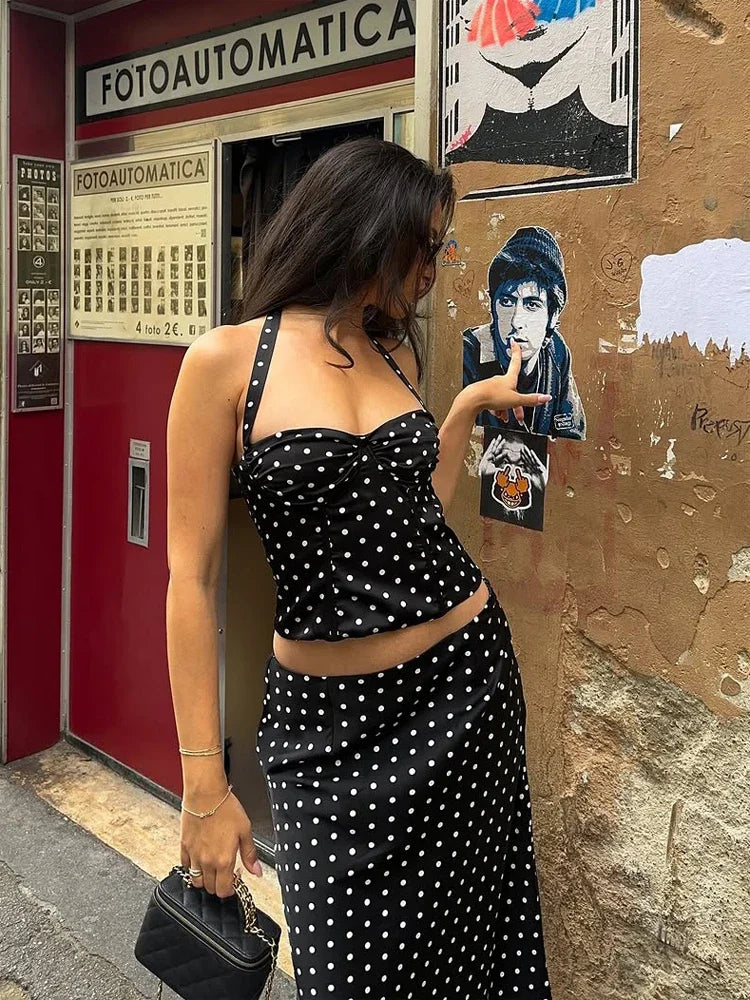Retro Polka Dot 2-piece Set Lady Chic Sleeveless Off-shoulder Halter Crop Top Maxi Skirt Sets 2026 Women Vacation Street Outfit
