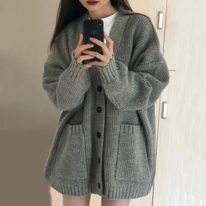 Korean version V-collar lazy wind cardigan Japanese department simple sweater female spring and autumn winter casual loose knit