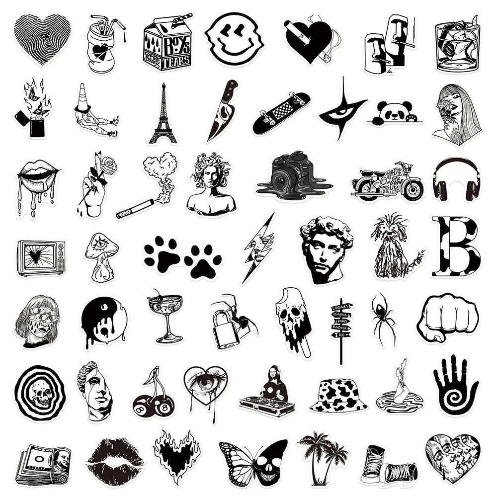 10/30/50pcs Cool Black and White Art Styling Graffiti Stickers Laptop Skateboard Motorcycle Phone Luggage Decoration Sticker Toy