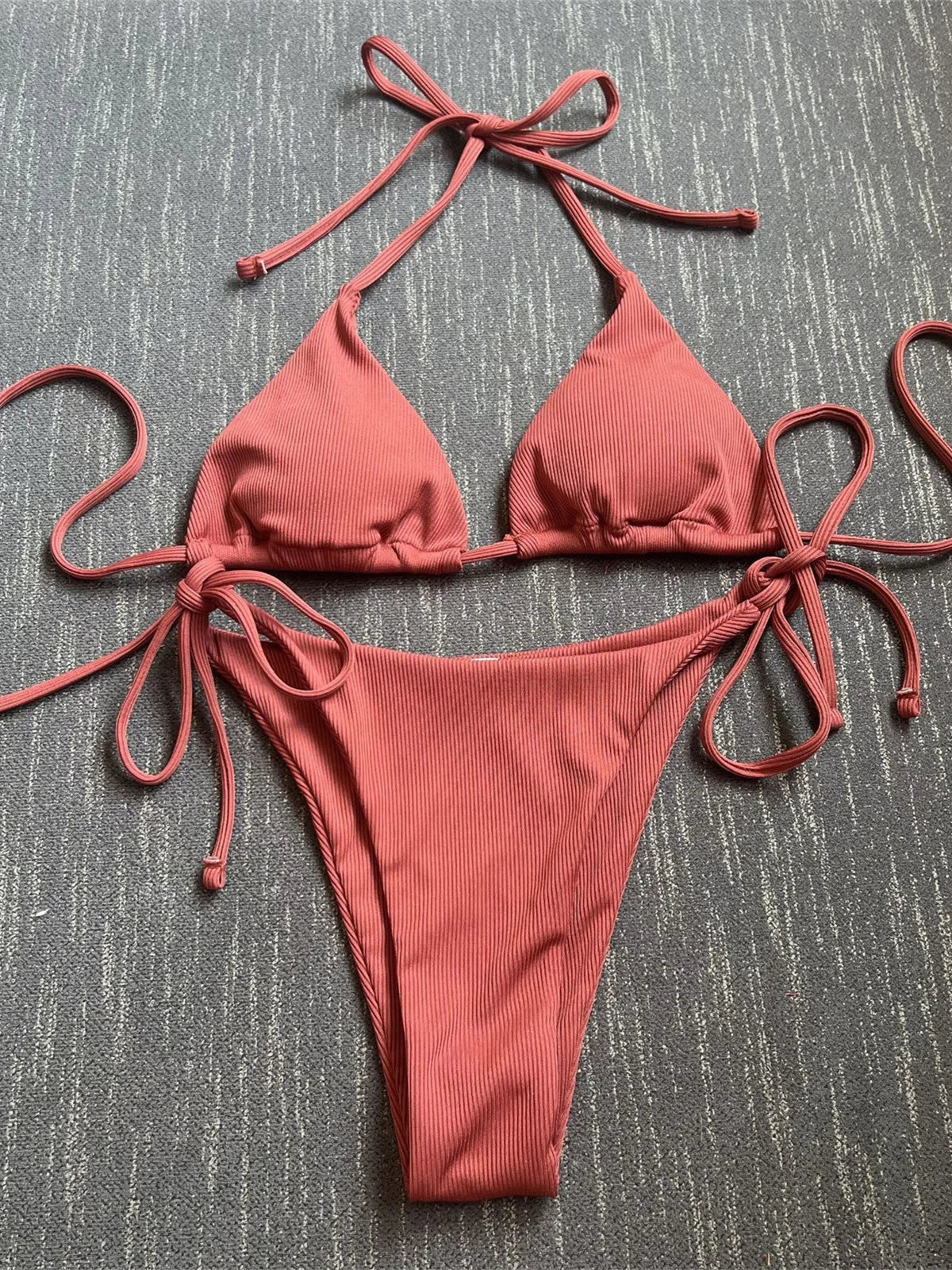 Sexy Brown Bikini 2026 Women Solid Red Halter Push Up Bra Tie Side Triangle Swimsuit Summer Bathing Suit Lace Up Micro Swimwear