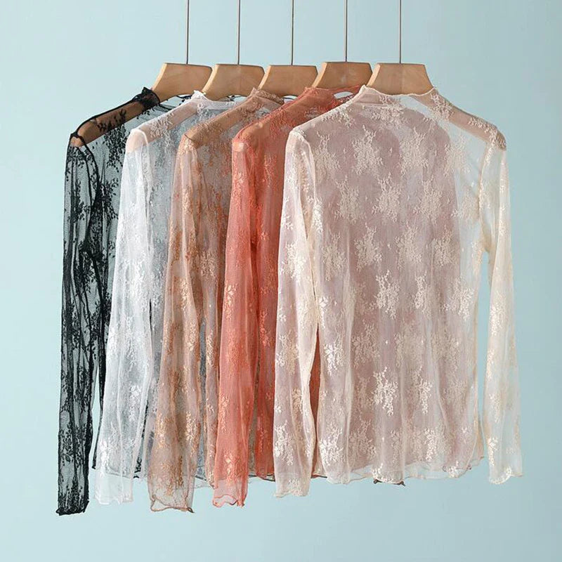Sexy Women Mesh T-Shirts Transparent Lace Blouse Long Sleeve See Through Tops For Women Bottoming Shirt Sheer Tees Body Crop Top