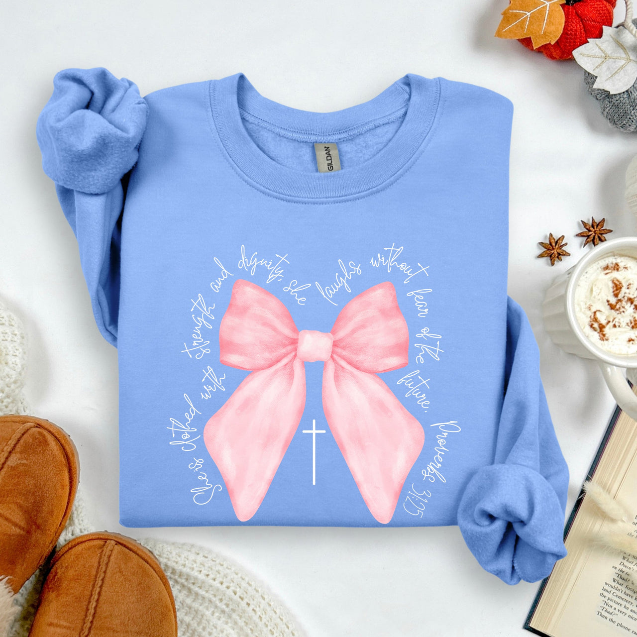 She Is Clothed With Strength And Dignity Proverbs Bows Ribbon Girly Religious Christmas Faith Sweatshirt