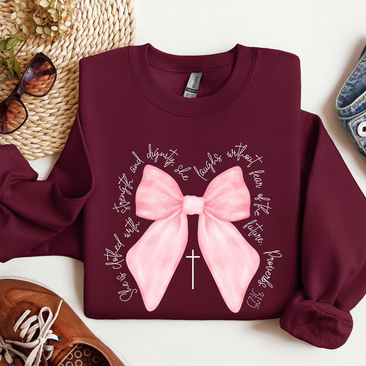 She Is Clothed With Strength And Dignity Proverbs Bows Ribbon Girly Religious Christmas Faith Sweatshirt