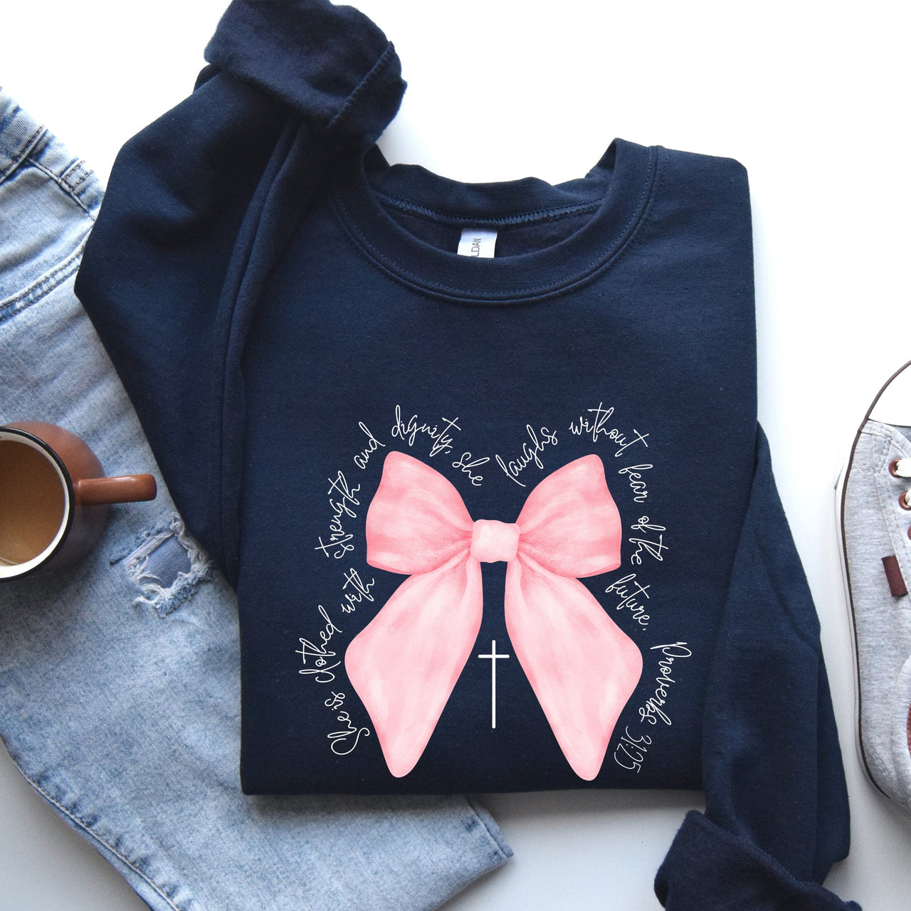 She Is Clothed With Strength And Dignity Proverbs Bows Ribbon Girly Religious Christmas Faith Sweatshirt