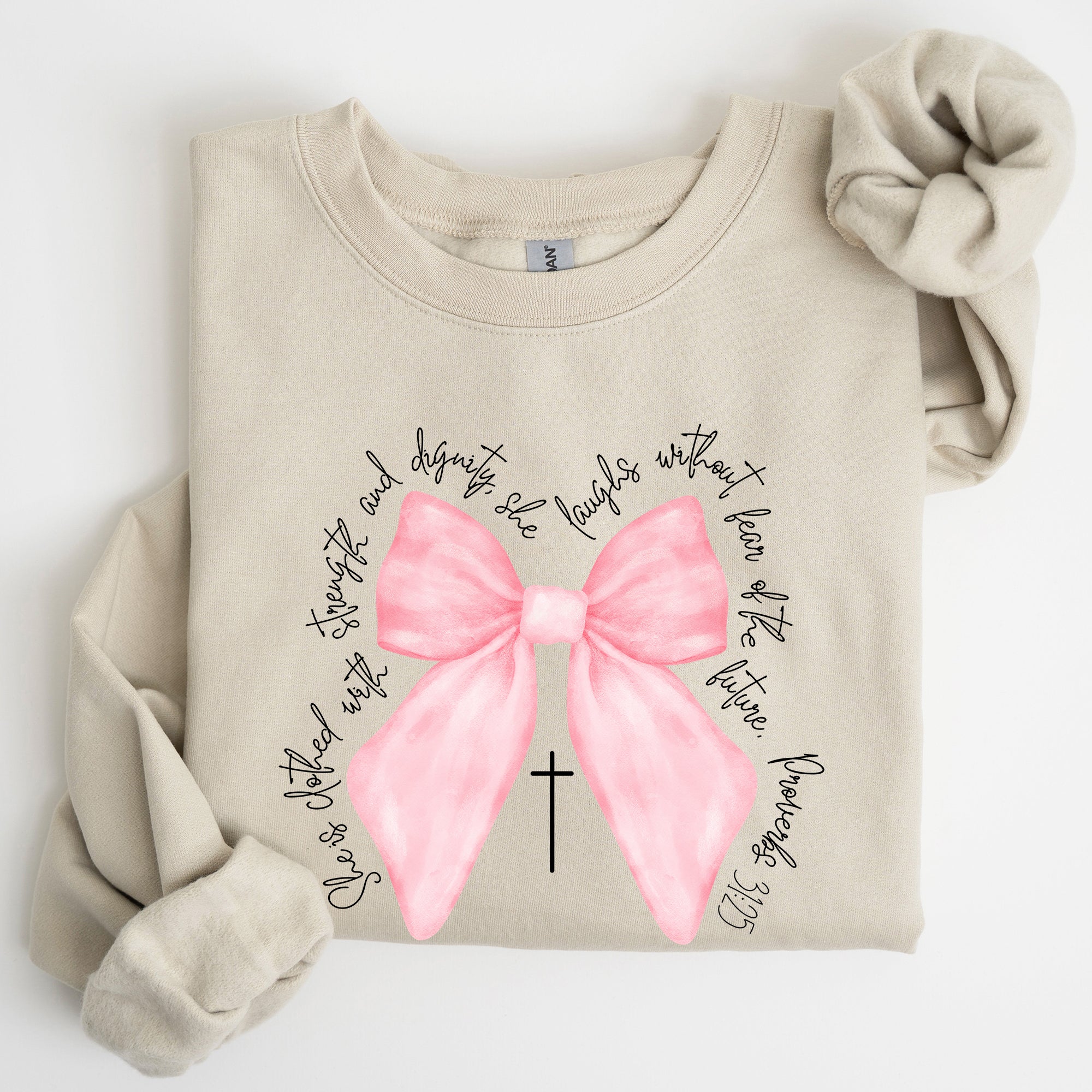 She Is Clothed With Strength And Dignity Proverbs Bows Ribbon Girly Religious Christmas Faith Sweatshirt