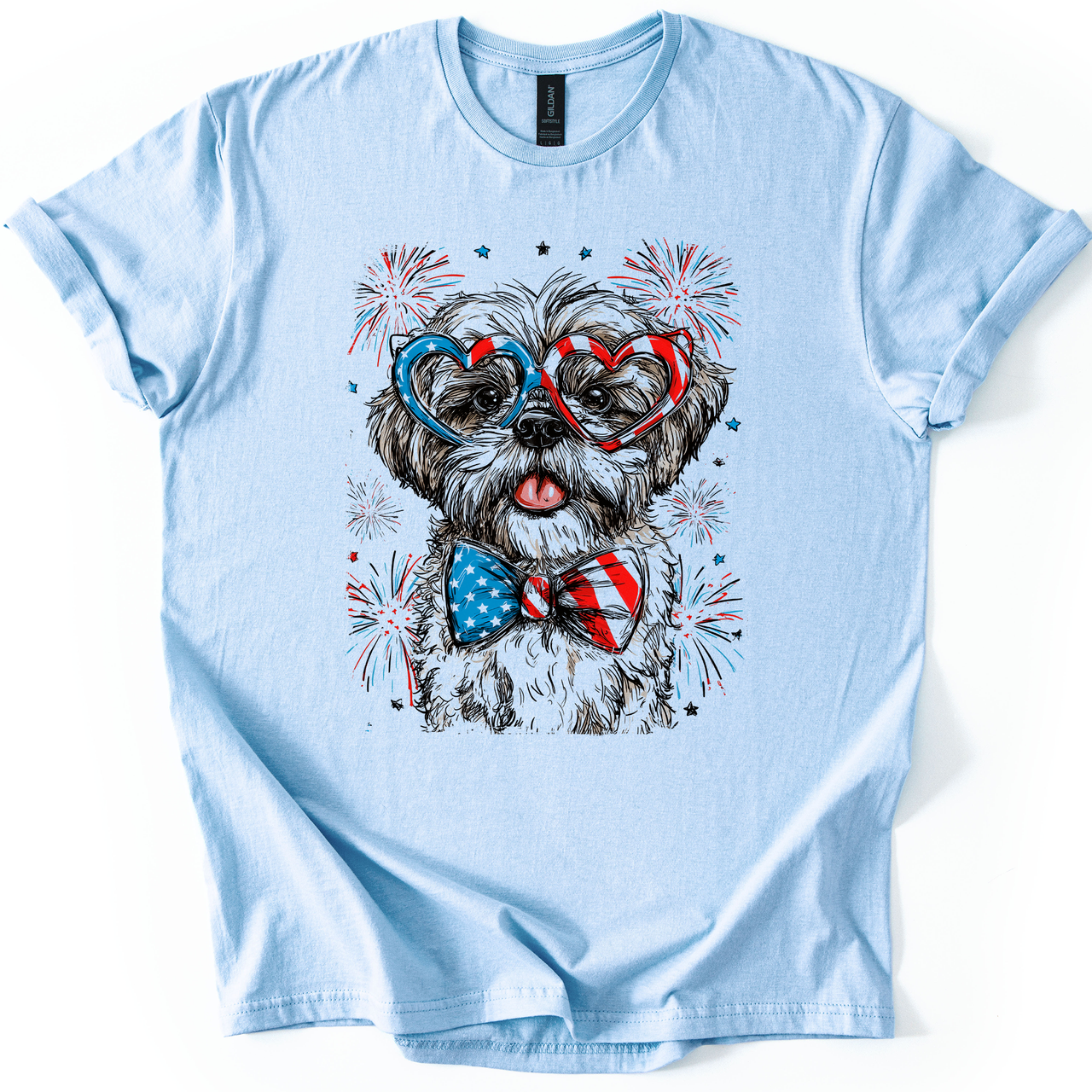 Shih Tzu Patriotic Dog Proudly American USA Fourth Of July Celebration With Flag Imagery For Pet Lovers Graphic Tee
