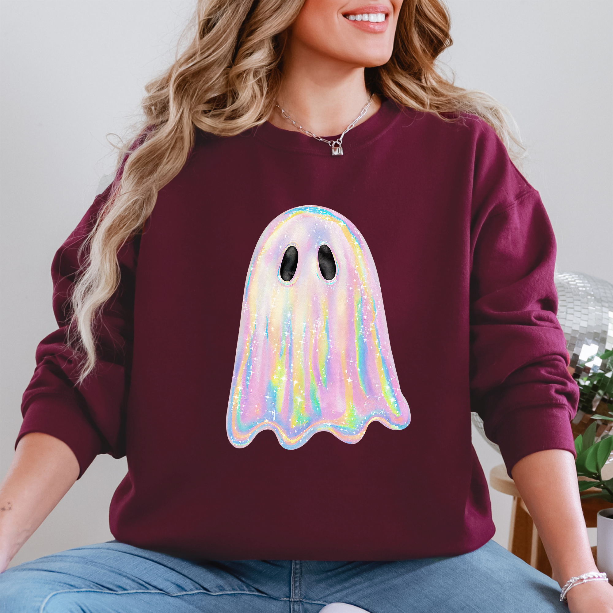 Shimmering Ghost Iridescent Boo Cute Ghost Faux Glitter Spooky Season Halloween Sweatshirt