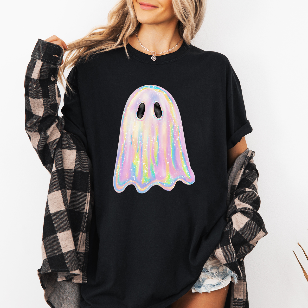 Shimmering Ghost Iridescent Boo Cute Ghost Faux Glitter Spooky Season Halloween Comfort Colors Tee