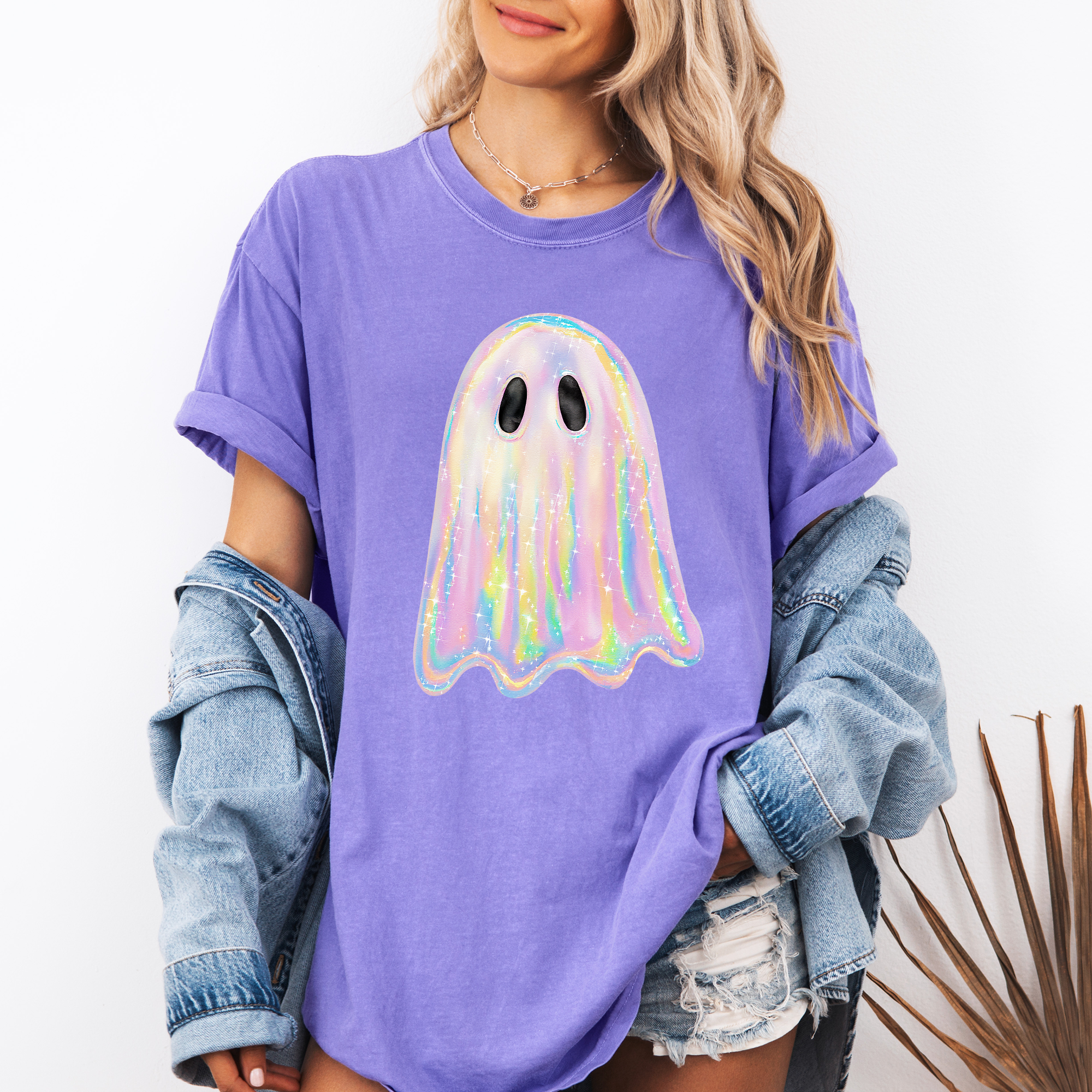 Shimmering Ghost Iridescent Boo Cute Ghost Faux Glitter Spooky Season Halloween Comfort Colors Tee