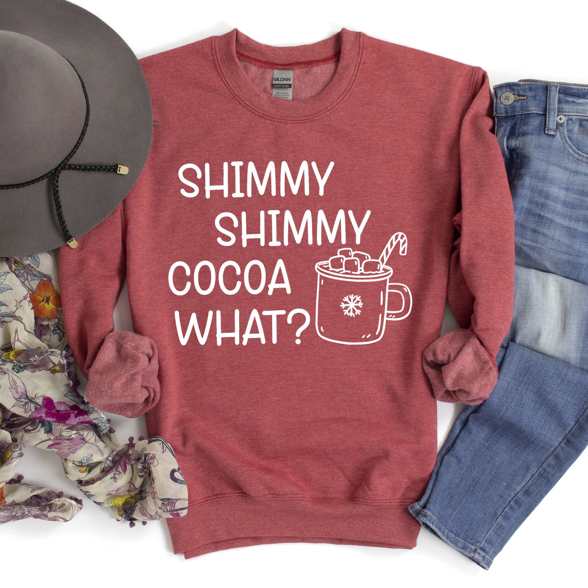 Shimmy Shimmy Hot Cocoa What Cozy Winter Beverage Quote With Hand Drawn Frosted Mug Illustration Sweatshirt