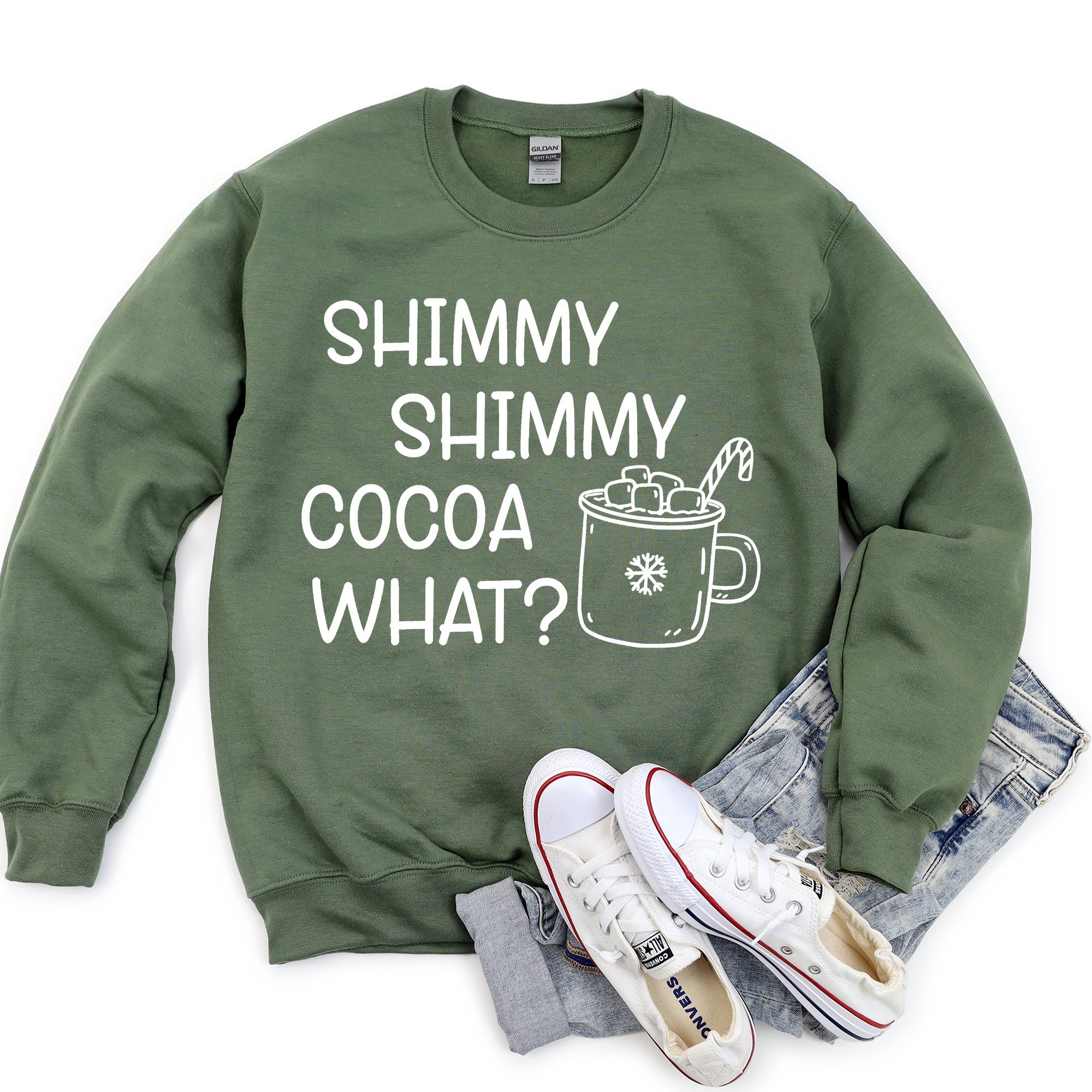Shimmy Shimmy Hot Cocoa What Cozy Winter Beverage Quote With Hand Drawn Frosted Mug Illustration Sweatshirt